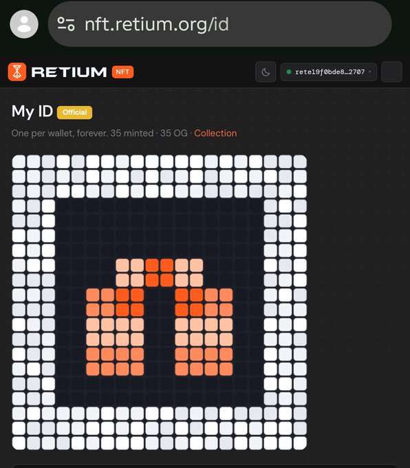 A screenshot of the Retium NFT website showing a "My ID" page with a pixelated character rendered in orange squares, noting "One per wallet, forever. 35 minted · 35 OG".