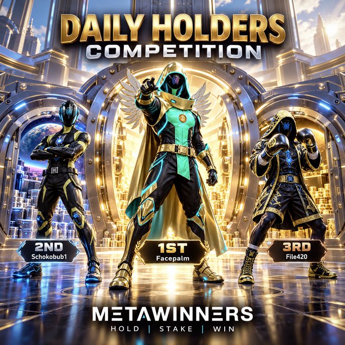 A promotional graphic for 'DAILY HOLDERS COMPETITION' by METAWINNERS showing three armored characters on a podium with labels 1ST Facepalm, 2ND Schokobub1, and 3RD File420.