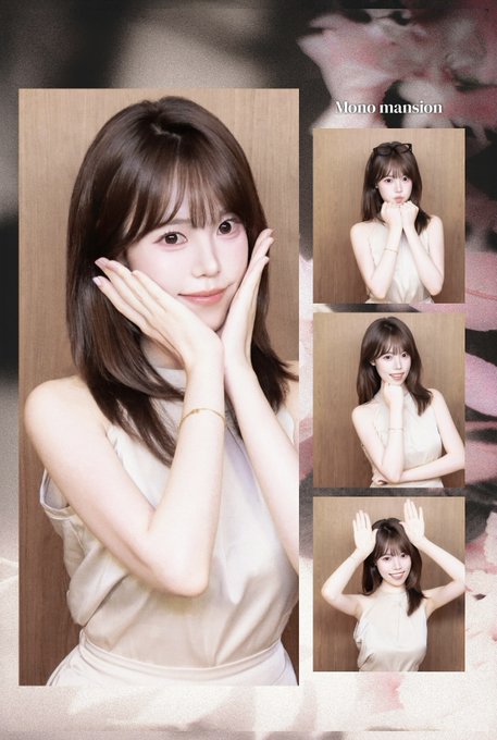 A collage of four photos featuring a young woman with brown hair in various poses, labeled "Mono mansion" in the corner.