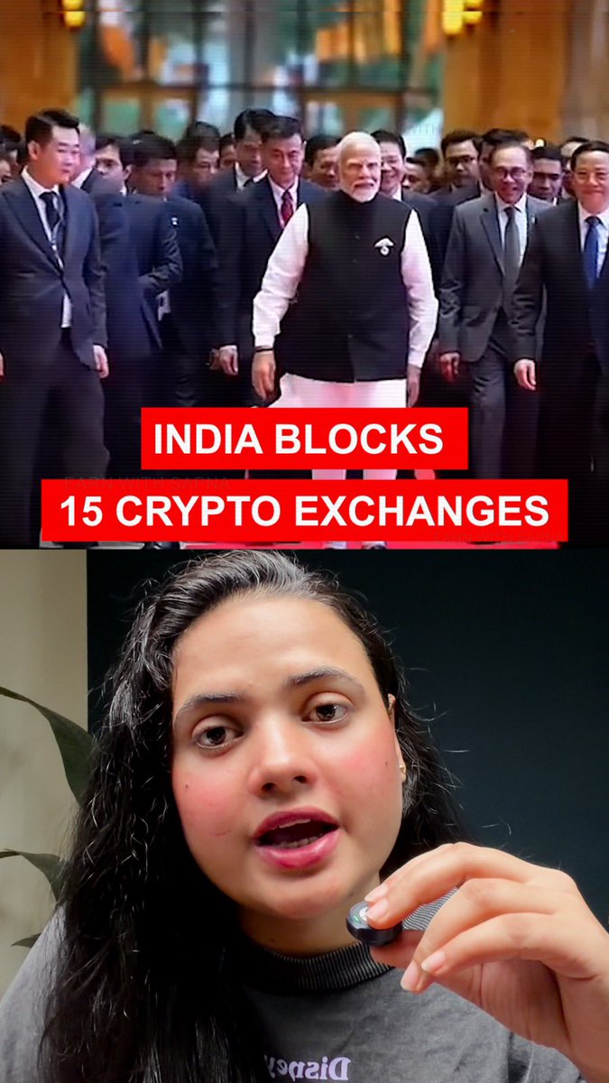 The image is a news-style post split into two sections: the top shows Indian Prime Minister Narendra Modi walking with a group of officials in suits, overlaid with bold red banners reading "INDIA BLOCKS 15 CRYPTO EXCHANGES," while the bottom features a young woman speaking into a small device, likely presenting or commenting on the news. Together, the visuals directly support the post's headline about India's regulatory action against cryptocurrency exchanges.