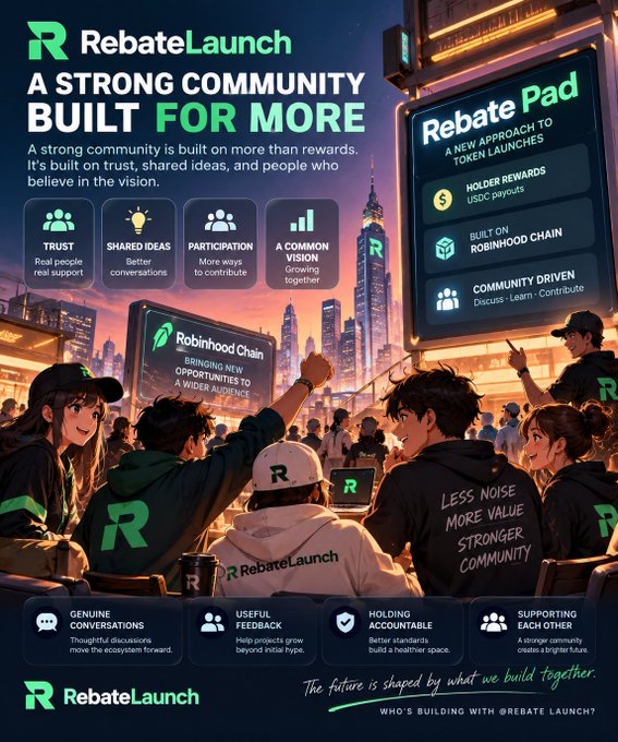 A promotional graphic for 'RebateLaunch' featuring the text 'A STRONG COMMUNITY BUILT FOR MORE' and 'Rebate Pad A NEW APPROACH TO TOKEN LAUNCHES', along with logos for 'Robinhood Chain' and an anime-style illustration of a crowd.
