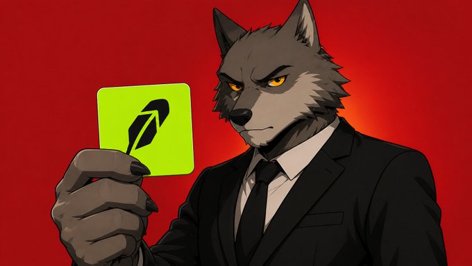 An anthropomorphic wolf in a black suit holds up a green card featuring a pen/feather icon against a red background.