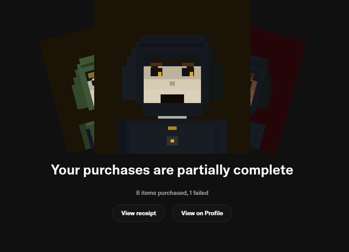 A digital receipt screen displays "Your purchases are partially complete" with the note "8 items purchased, 1 failed," featuring pixel-art character portraits and buttons for "View receipt" and "View on Profile." The image relates to the post by showing the completion of a transaction involving the "jeeters" being referenced.