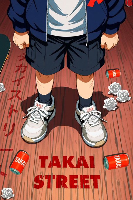 An anime-style illustration showing a person's lower half wearing shorts and white sneakers, standing on a wooden floor surrounded by crushed cans labeled 'TAKAI' and roses, with 'TAKAI STREET' text.