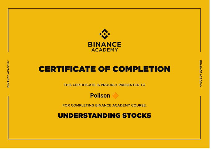 A yellow Binance Academy Certificate of Completion is awarded to 'Poison' for finishing the course "UNDERSTANDING STOCKS".