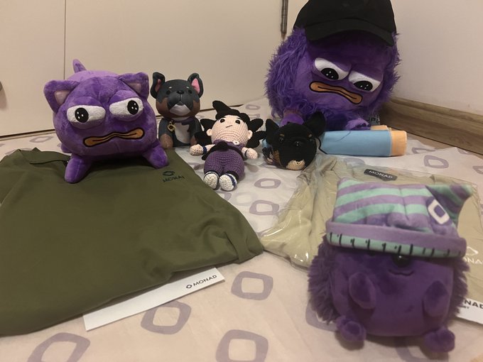 The image shows an unboxing of a Monad-branded package featuring a green T-shirt with the "MONAD" logo, two purple "Hammy" monster plushies (one wearing a cap), and two small crocheted dog figures, all displayed on a patterned cloth alongside sealed merchandise bags. This collection of community rewards visually represents the gratitude expressed in the post for receiving recognition from the @monad team.