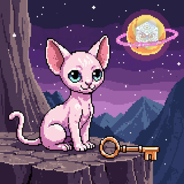 Pixel art depicting a pink cat with large blue eyes sitting on a rocky ledge next to a golden key, set against a purple starry night sky with a small ringed planet.