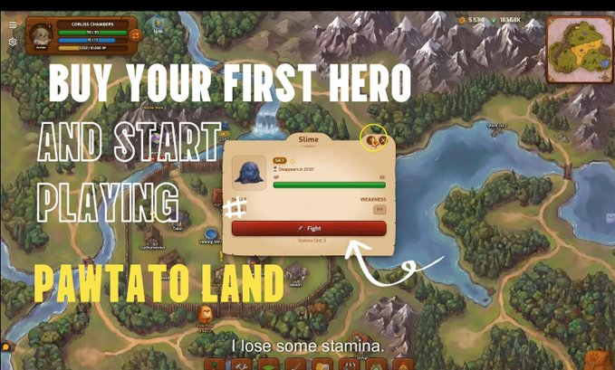 A video game screenshot displays a map interface with text overlays reading 'BUY YOUR FIRST HERO AND START PLAYING PAWTATO LAND', along with a character info popup for a 'Slime' enemy.