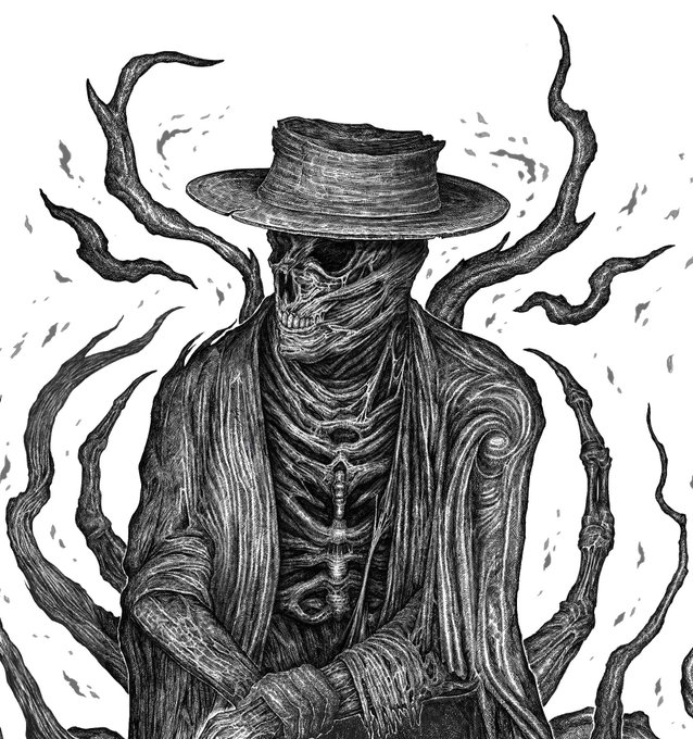 The image features a black and white illustration of a skeleton wearing a hat, with a suitcase next to them. The skeleton appears to be dressed in a robe or coat, giving off an air of mystery and intrigue. The caption above the image reads "Happy Monday Self-Made Ruin". This phrase is likely a reference to the famous quote by Friedrich Nietzsche that says, "What doesn't kill you makes you stronger." The image seems to convey this message through the skeleton's journey from destruction (as portrayed by their appearance) to strength and resilience.