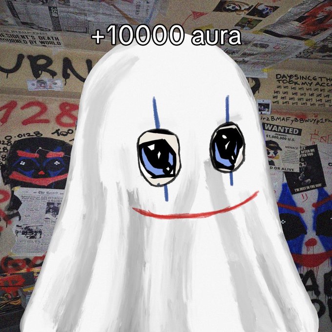 A meme image of a hand-drawn white ghost character with a creepy smile against a graffiti-covered wall background, captioned '+100000 aura'.