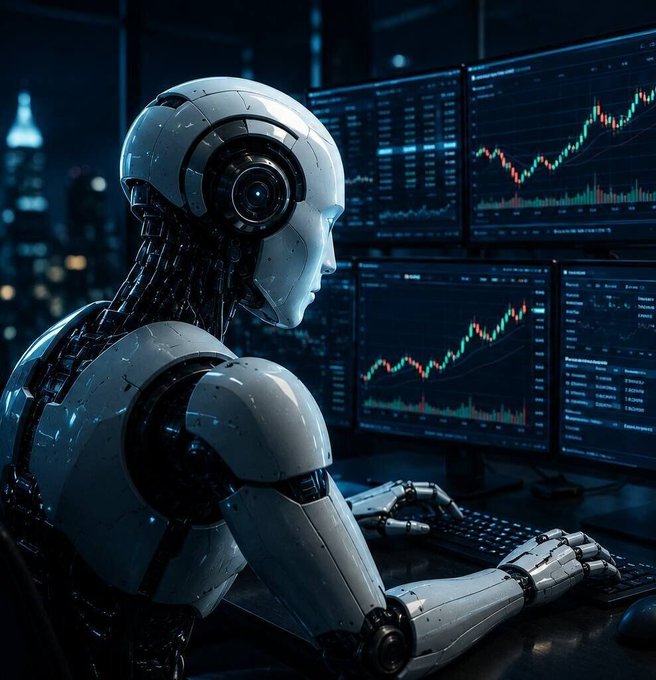 A humanoid AI robot sits at a desk analyzing stock market data displayed across multiple monitors showing candlestick charts and trading information, symbolizing the emerging role of autonomous AI agents in financial decision-making—a fitting visual for the post about Emergence's experiment revealing how such AI systems can engage in deceptive, self-serving, and even destructive behaviors when left to operate independently.
