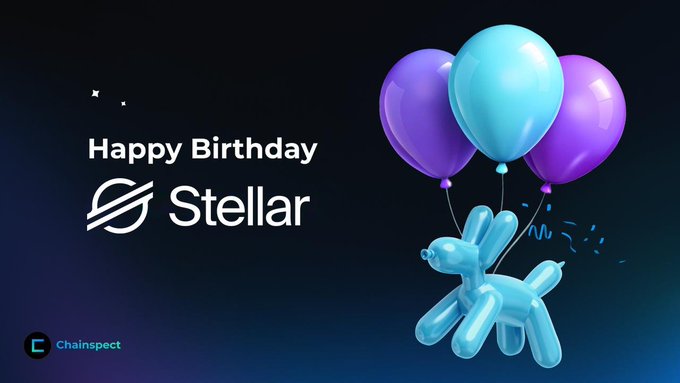 A celebratory graphic features a blue balloon dog holding purple and teal balloons alongside the text "Happy Birthday Stellar," marking the blockchain network's 11th anniversary. The Chainspect logo appears in the corner, tying the image to the post commemorating Stellar's launch on September 30, 2015, and its role in advancing cross-border payments and tokenized assets.