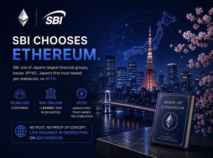 SBI, a major Japanese financial group, is issuing Japan's first trust-based yen stablecoin ($JPYSC) on Ethereum, marking a significant new chapter for the blockchain. The image directly supports this by showcasing both the SBI logo and the Ethereum logo, alongside an illustration of Tokyo and a book titled "BOOK OF ETHEREUM."