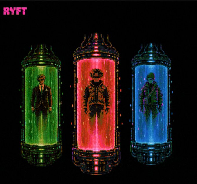 A digital artwork labeled 'RYFT' showing three figures suspended in glowing green, red, and blue cylindrical pods.