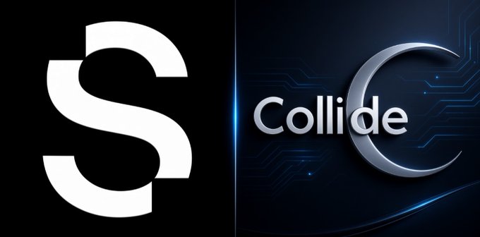 Two cryptocurrency logos side by side: the white "S" logo of Sanctum on the left and the "Collide" logo with a crescent moon design on a dark blue background on the right.