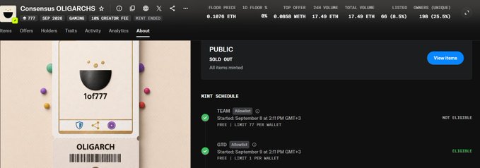 Cryptocurrency/NFT marketplace screenshot for 'Consensus OLIGARCHS' showing a floor price of 0.1070 ETH, 17 holders, 17.49 ETH volume, with mint schedule details and a barcode-labeled item '1of777'.
