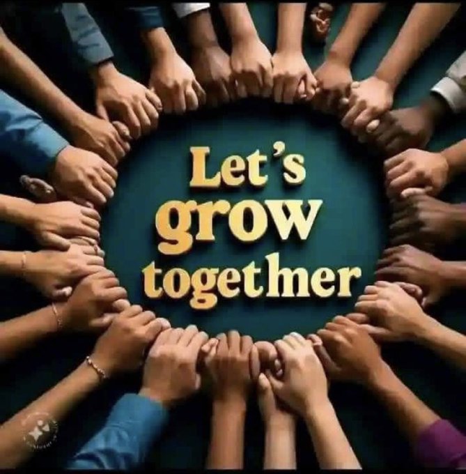 Multiple hands are joined together in a circle around the text 'Let's grow together' displayed on a dark green background.