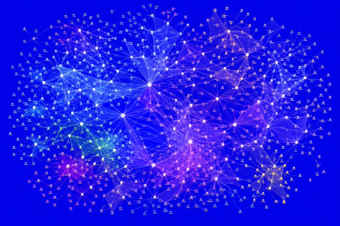 A complex network visualization on a bright blue background, showing interconnected nodes and lines forming a web-like pattern that resembles a map or data structure.