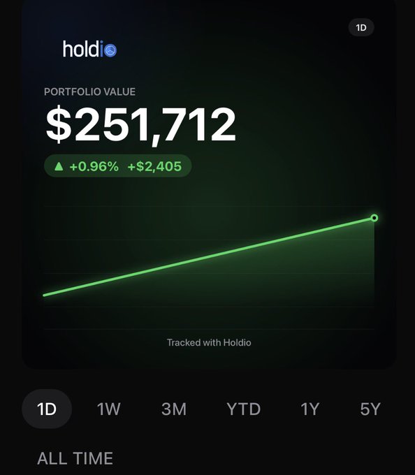 A dark-themed Hold.io portfolio tracker screenshot showing a portfolio value of $251,712, up +0.96% ($2,405) over a 1-day period with a green upward-trending line graph.