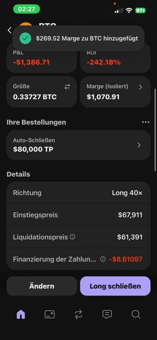 The image shows a phone screen displaying a cryptocurrency trading app, which has a summary of its features and a list of transactions. The app's interface includes a long scroll bar at the bottom that allows users to view more information about the app or browse through different sections. The text on the screen is in German, indicating that the app is available for use by German speakers.