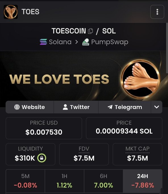 TOESCOIN/SOL token page on Solana via PumpSwap, branded 'WE LOVE TOES', priced at $0.007530 (0.000009344 SOL), with $310K liquidity, $7.5M FDV and MKT CAP, showing -7.86% in 24H.