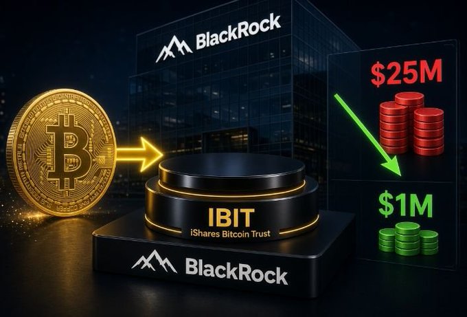 A promotional graphic showing a Bitcoin coin pointing toward the BlackRock IBIT (iShares Bitcoin Trust) platform, with a graphic on the right displaying $25M in red coins decreasing to $1M in green coins.