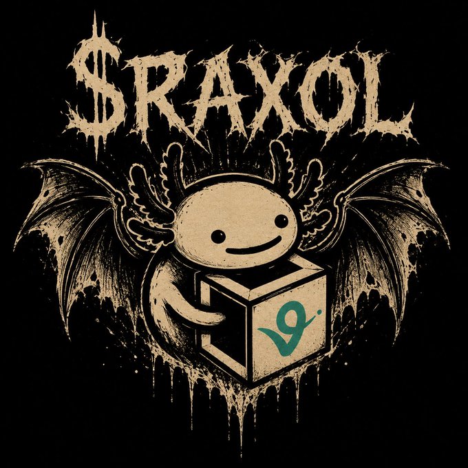 A black and tan gothic-style illustration featuring the text "$RAXOL" above a small round character holding a box with a green logo, flanked by bat-like wings.