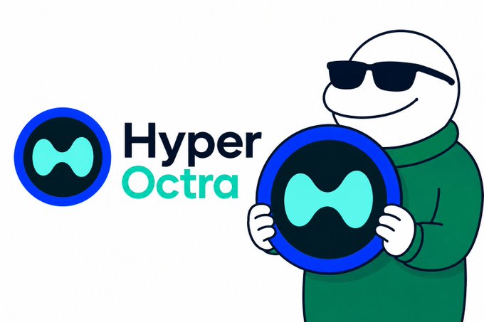 The image features a cartoon character wearing sunglasses, holding up a blue and black circular object that has the word "HYPER" written on it. The character appears to be smiling while displaying the item they are holding. The background of the image is white with a logo for "HYPER OCTRA".