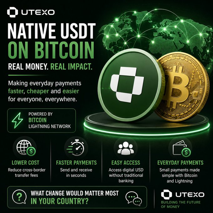 The image is a UTEXO promotional graphic announcing "Native USDT on Bitcoin" with the tagline "Real Money. Real Impact," highlighting that the project is powered by the Bitcoin Lightning Network and emphasizes benefits including lower cost cross-border transfers, faster payments in seconds, easy access to digital USD without traditional banking, and everyday small payments made simple with Bitcoin. It aligns with the post by visually reinforcing the message that native USDT on Bitcoin could transform everyday payments by making them faster, cheaper, and more accessible worldwide.