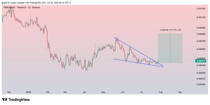 A TradingView daily candlestick chart of 1000CHEEMS/USDT on Binance (as of July 28, 2026) shows the price consolidating within a blue falling wedge pattern near $0.00048, with a projected breakout target box at 0.000340 (73.77% gain) toward approximately $0.00080-0.00090, illustrating the anticipated 70-80% upside.