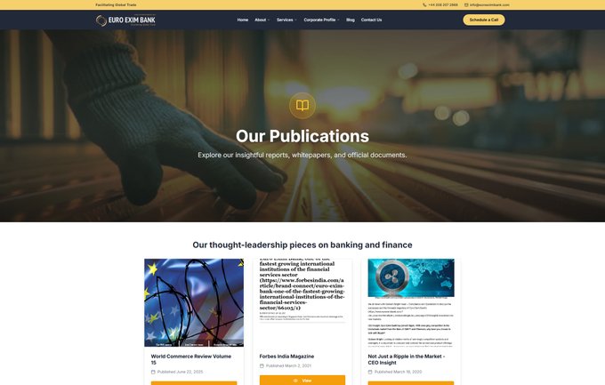A screenshot of Euro Exim Bank's "Our Publications" webpage, featuring thought-leadership pieces including "World Commerce Review Volume 15," "Forbes India Magazine," and "CEO Insight," which contextualizes the bank's public-facing coverage on banking and finance topics discussed in the accompanying post.