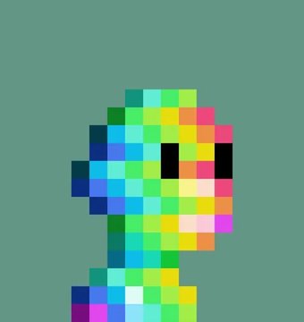 A pixelated chameleon-like creature displayed in vibrant rainbow colors against a teal background, representing the 1/1 NFT from the Regen collection that the poster proudly acquired as their most coveted piece.