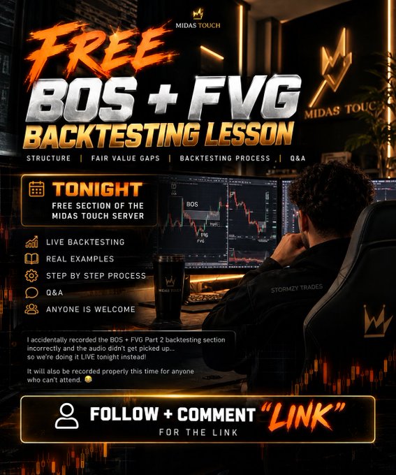 A promotional graphic for "MIDAS TOUCH" advertising a free BOS + FVG Backtesting Lesson, featuring a person viewing trading charts with instructions to "FOLLOW + COMMENT 'LINK'".