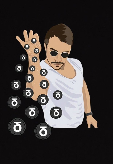 The image features a man with sunglasses, a white shirt, and a mustache holding up his hand over his head. The background of the image is black, which contrasts with the white elements in the scene. There are several circles scattered throughout the image, some overlapping each other or positioned at different angles. These circles appear to be symbols or logos related to the post that says "standx积分减半", and they seem to be floating around the man's head as if he is holding them up in the air. The overall scene creates a sense of movement, with the overlapping circles suggesting a connection between different elements within the image.