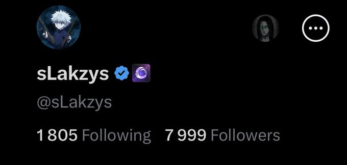 A Twitter profile for "sLakzys" (@sLakzys) showing 1,805 Following and 7,999 Followers, accompanied by a celebratory post thanking followers for nearly reaching the 8,000 follower milestone.
