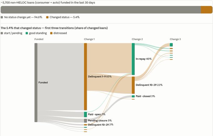 The image displays a graph of changeover time for HELOCs with different statuses. In summary, 0.3% of the loans have moved off their healthy status and most of them are still paying. This information can be helpful to understand how well the lending system is performing in this specific scenario.