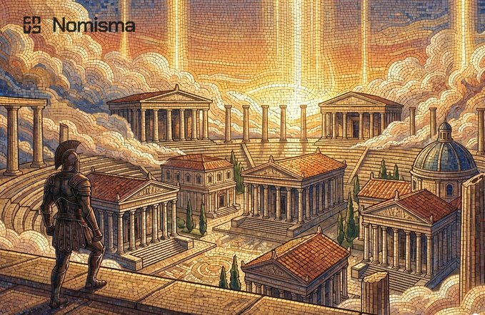 The image features a mosaic painting of a city with buildings, columns, and other architectural elements. The scene depicts a man wearing a helmet standing atop one of these structures, possibly a temple or a palace. The sky above them is filled with clouds, creating an atmospheric setting for the artwork. The post that accompanies this image reads: "Halfway through the season and the competition is only getting tighter Stage 7 of 13 is live on @NomismaNetwork Diamonds are accumulating Bought pizza in Argentina with $RIVER satUSD Shop got ARS instantly @RiverdotInc & @quipnetwork". This suggests that the artist has been inspired by a specific location or event, possibly involving pizza and travel.