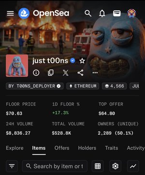 A screenshot of the OpenSea NFT marketplace shows the "just t00ns" collection with a floor price of $70.63, a 17.3% floor increase, and a 24-hour volume of $8,836.27 ETH, supporting the post's excitement about the collection's value rising.