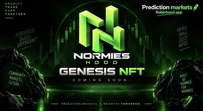 A promotional graphic for 'NORMIES HOOD GENESIS NFT' with green 3D logo elements and text including 'PREDICT TRADE EARN TOGETHER', 'NORMIES BUILD DIFFERENT', 'COMMUNITY MARKETS FUTURE', and 'BUILT BY NORMIES FOR NORMIES', with a Prediction Markets/Robinhood app reference.