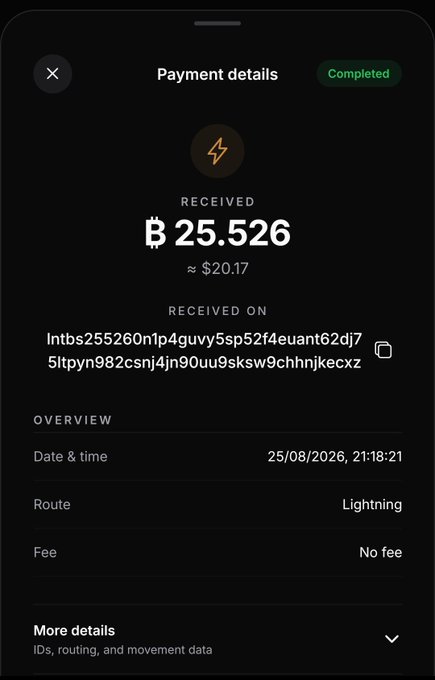 A mobile payment confirmation screen shows a completed Lightning Network transaction receiving ₿ 25.526 (≈ $20.17) on 25/08/2026, 21:18:21, with a wallet address beginning 'lntbs2552601np4guvy5sp52f4euant62dj7' and no fee.