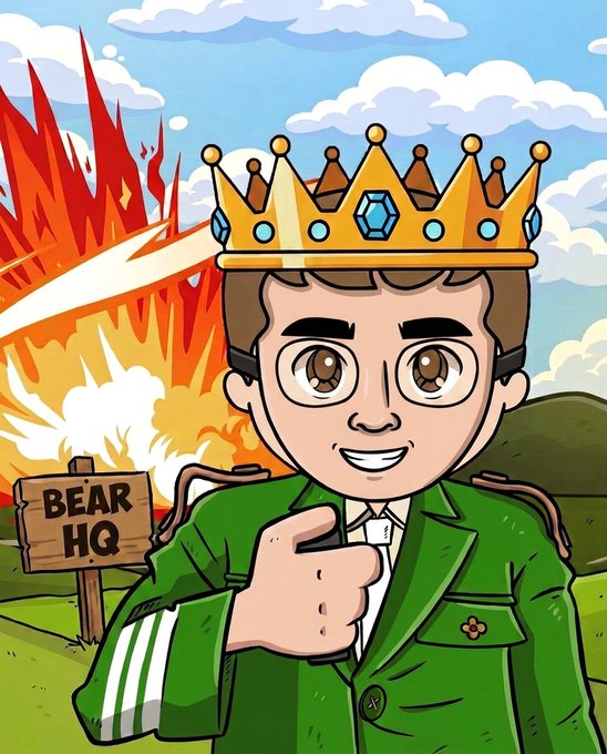 A cartoon avatar of a smiling character wearing a golden crown and a green tracksuit jacket, pointing toward the camera with a 'BEAR HQ' wooden sign and fire/explosion artwork in the background.