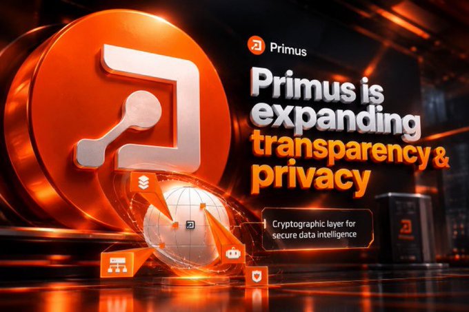 A promotional graphic for 'Primus' featuring a large orange 3D logo with the text 'Primus is expanding transparency & privacy' and 'Cryptographic layer for secure data intelligence'.
