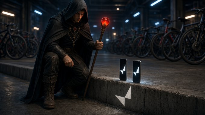 A fantasy-style image of a hooded figure holding a red-glowing staff next to two smartphones displaying a lightning bolt symbol, set in a dimly lit bicycle storage area.