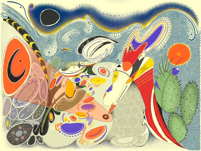 The image features a digital artwork that includes various elements such as cacti, flowers, and other plants. The artwork is displayed on a canvas with a gradient background transitioning from blue at the top to orange at the bottom. The colors used are predominantly blue, white, and orange, creating a visually appealing composition. The artwork also contains text that reads "a digital persona supporting artists with a digital currency, on a artwork minted on Ethereum (on this case) it's one of my favorite works." This suggests that the artist has created an interesting piece that combines elements from nature and technology to convey their message about the importance of art in our lives.