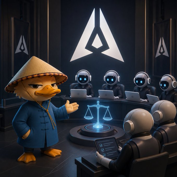 A 3D-rendered duck character wearing a conical Asian hat and blue robe gestures toward a glowing holographic scale of justice, while four robot figures work on laptops beneath a large triangular logo.