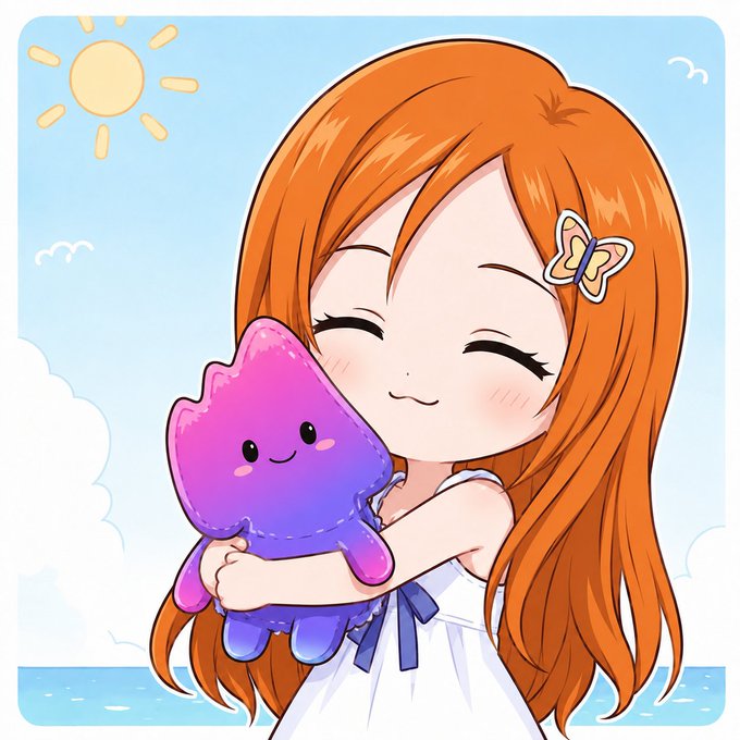 A chibi-style illustration of an orange-haired girl with a butterfly hair clip hugging a smiling pink and purple plush toy against a sunny sky and ocean background.