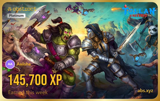 Abstract Platinum tier XP card featuring World of Warcraft-style artwork of an orc warrior facing a knight, showing user 'Aalisha' with 145,700 XP earned this week on abs.xyz.