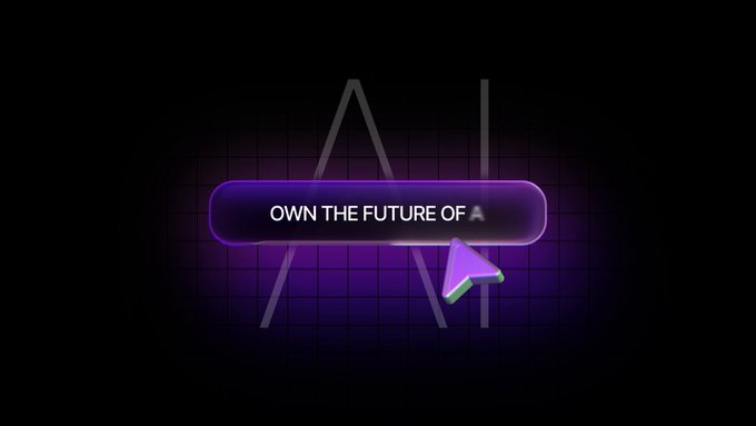 A glowing purple button reads "OWN THE FUTURE OF A[ction]" with a cursor hovering over it, set against a dark background featuring the letters "AI." The image visually reinforces the post's message about democratizing AI and owning its future, tying directly to the author's enthusiasm for Action Model's open approach to AI.