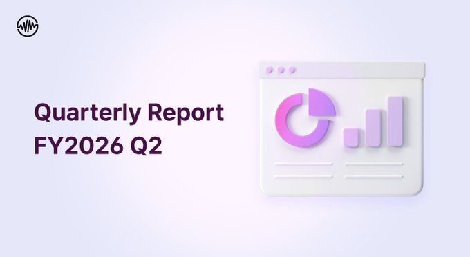 A presentation slide with a light purple background displays the text "Quarterly Report FY2026 Q2" alongside a stylized 3D graphic of a web browser window containing a pie chart and bar graph, with a small logo in the top left corner.