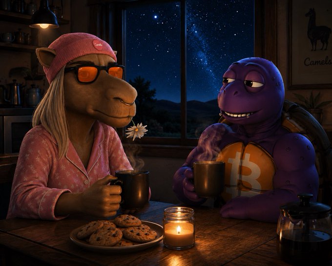 Whimsical 3D-rendered scene of two characters—a camel-like figure in a pink pajama set and beanie, and a purple creature with a Bitcoin logo on its chest—sharing cookies and warm drinks by candlelight under a starry night sky.